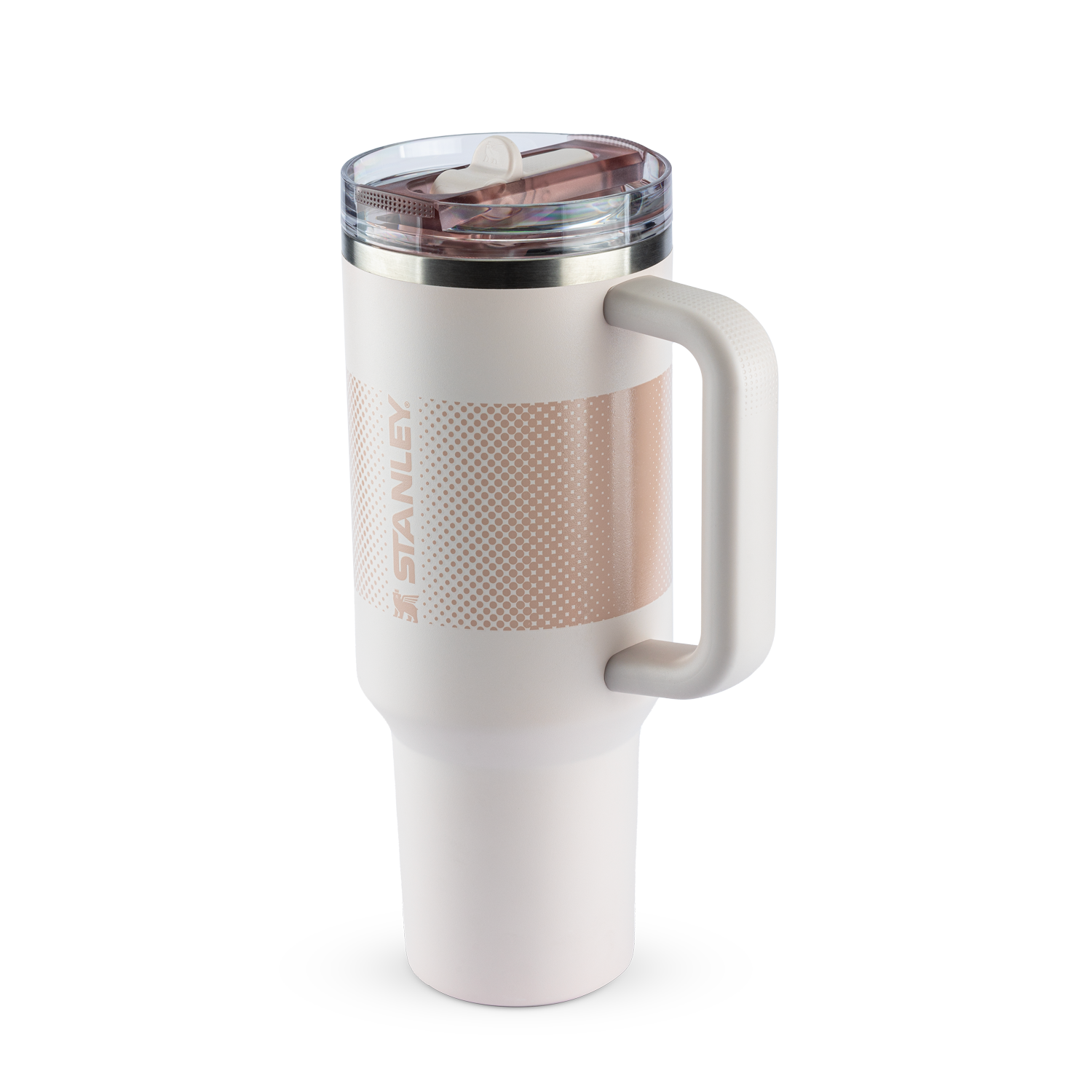 Caneca térmica Stanley em tom rosa claro, com alça prática e tampa com bico ajustável. Possui textura com furos pequenos e a marca "STANLEY" visível.