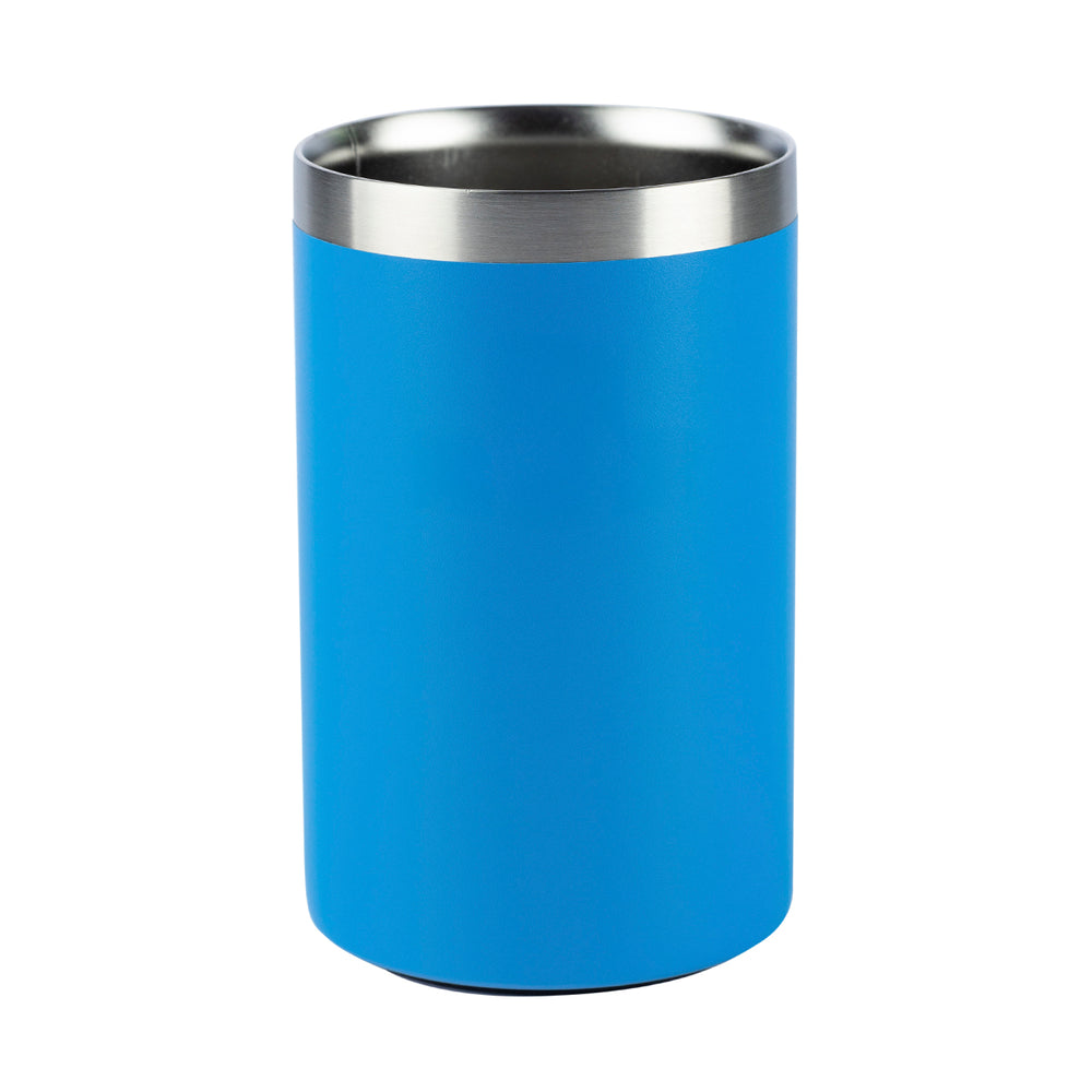 Copo térmico Stanley azul, com interior e borda de aço inoxidável.