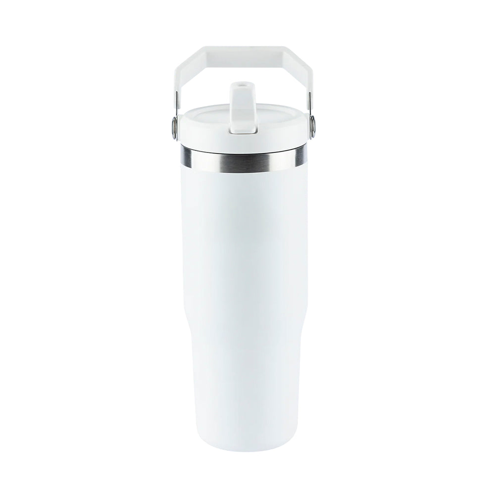 Copo térmico branco com tampa, canudo e alça para transporte.