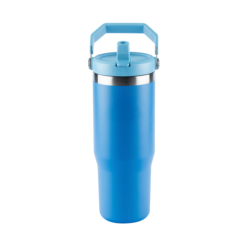 Copo térmico azul com tampa de canudo e alça.
