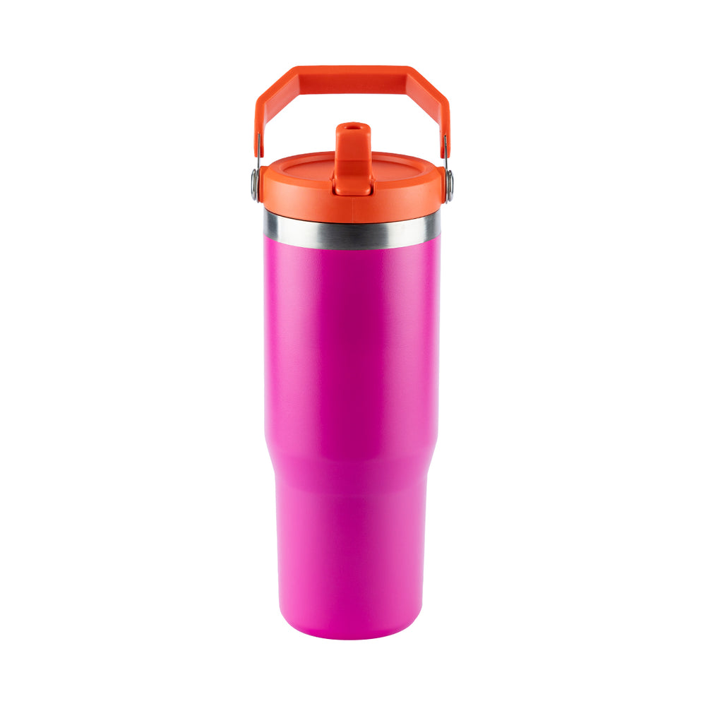 Garrafa térmica rosa com tampa e alça laranja.