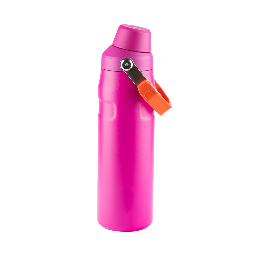 Garrafa térmica rosa com alça laranja.
