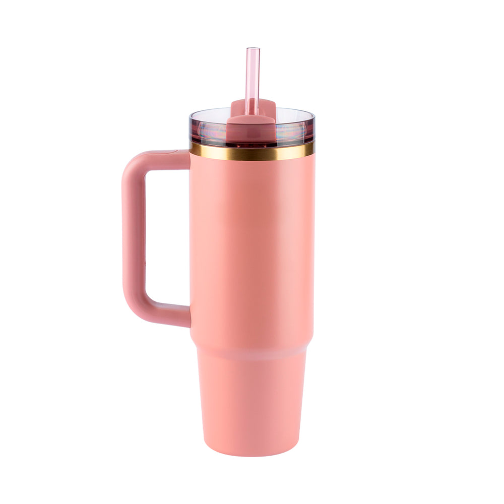 Garrafa térmica rosa com alça, tampa transparente e canudo.
