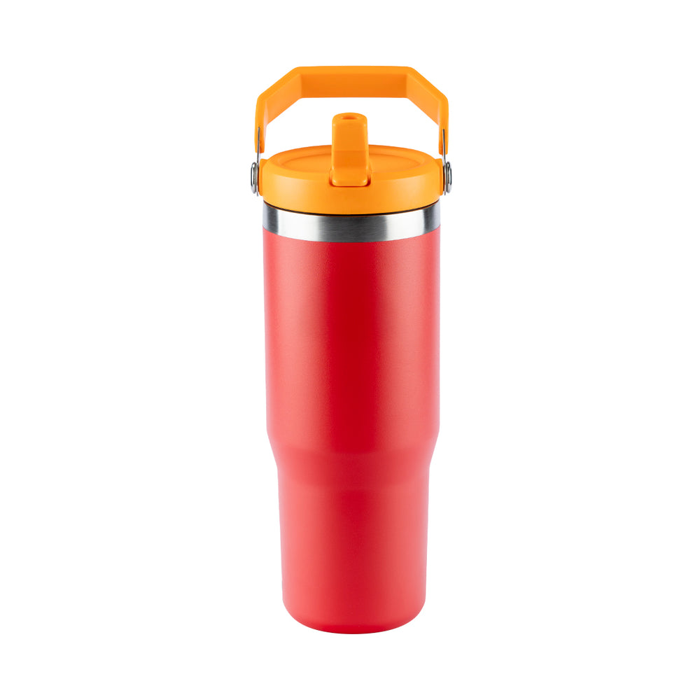 Copo térmico vermelho com tampa e alça laranja.