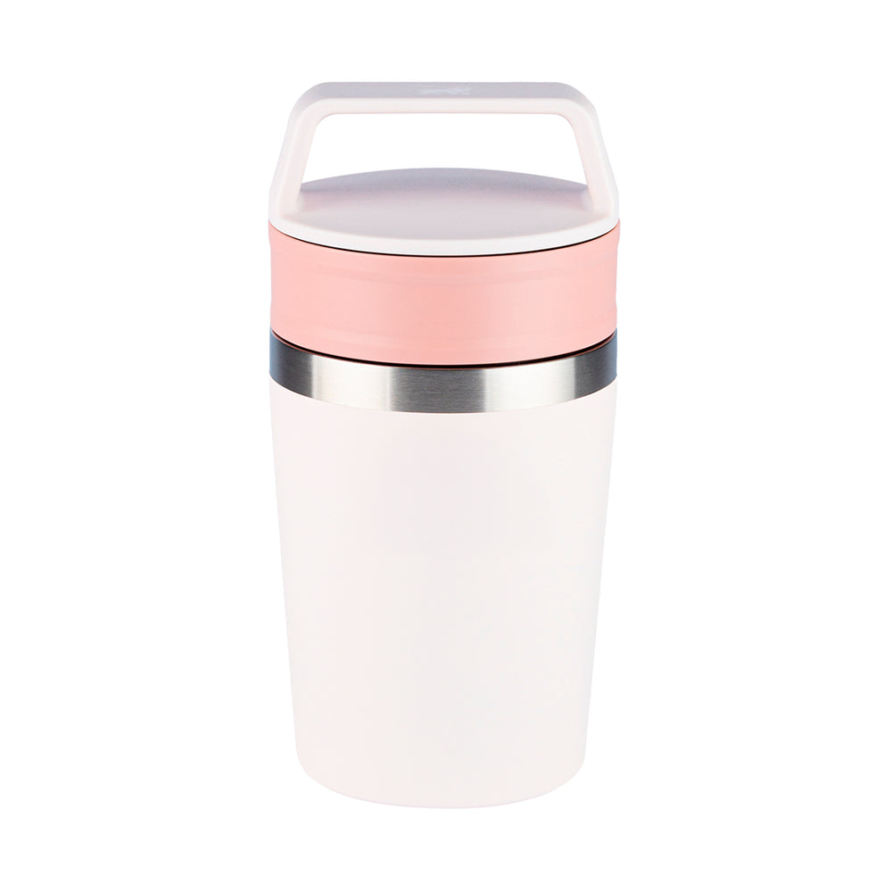 Pote térmico branco e rosa com alça e detalhe prateado.