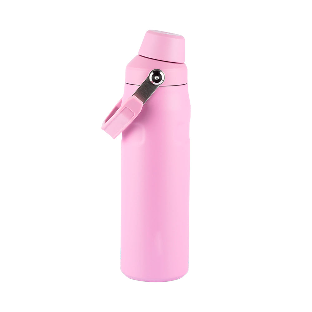 Garrafa térmica rosa com alça.