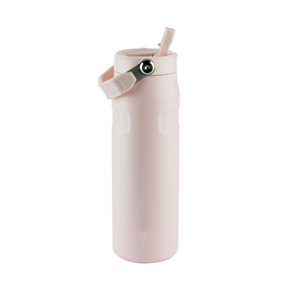 Garrafa térmica rosa clara com canudo e alça.