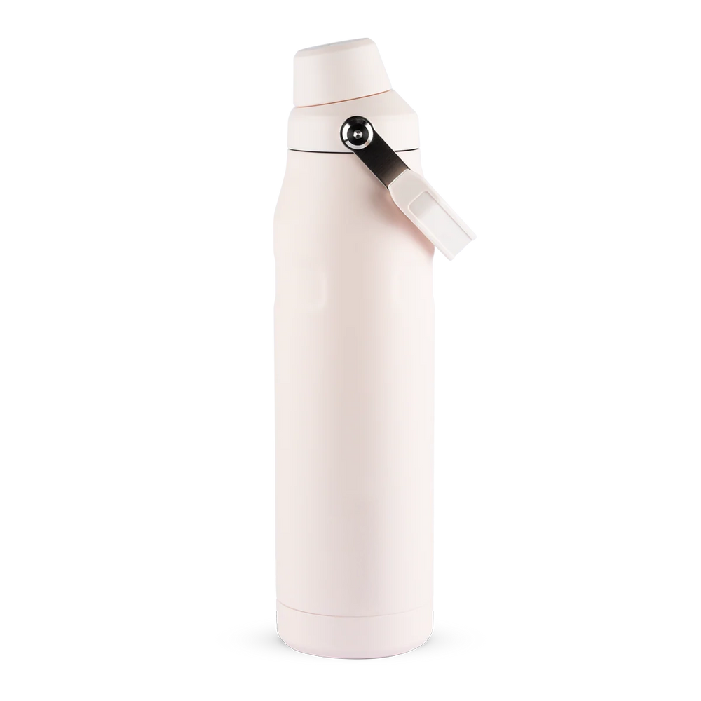 Garrafa térmica rosa com alça.