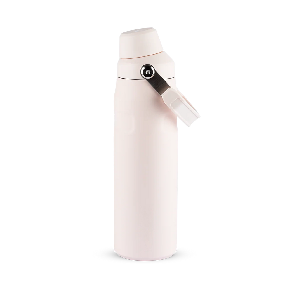 Garrafa térmica rosa claro com alça.