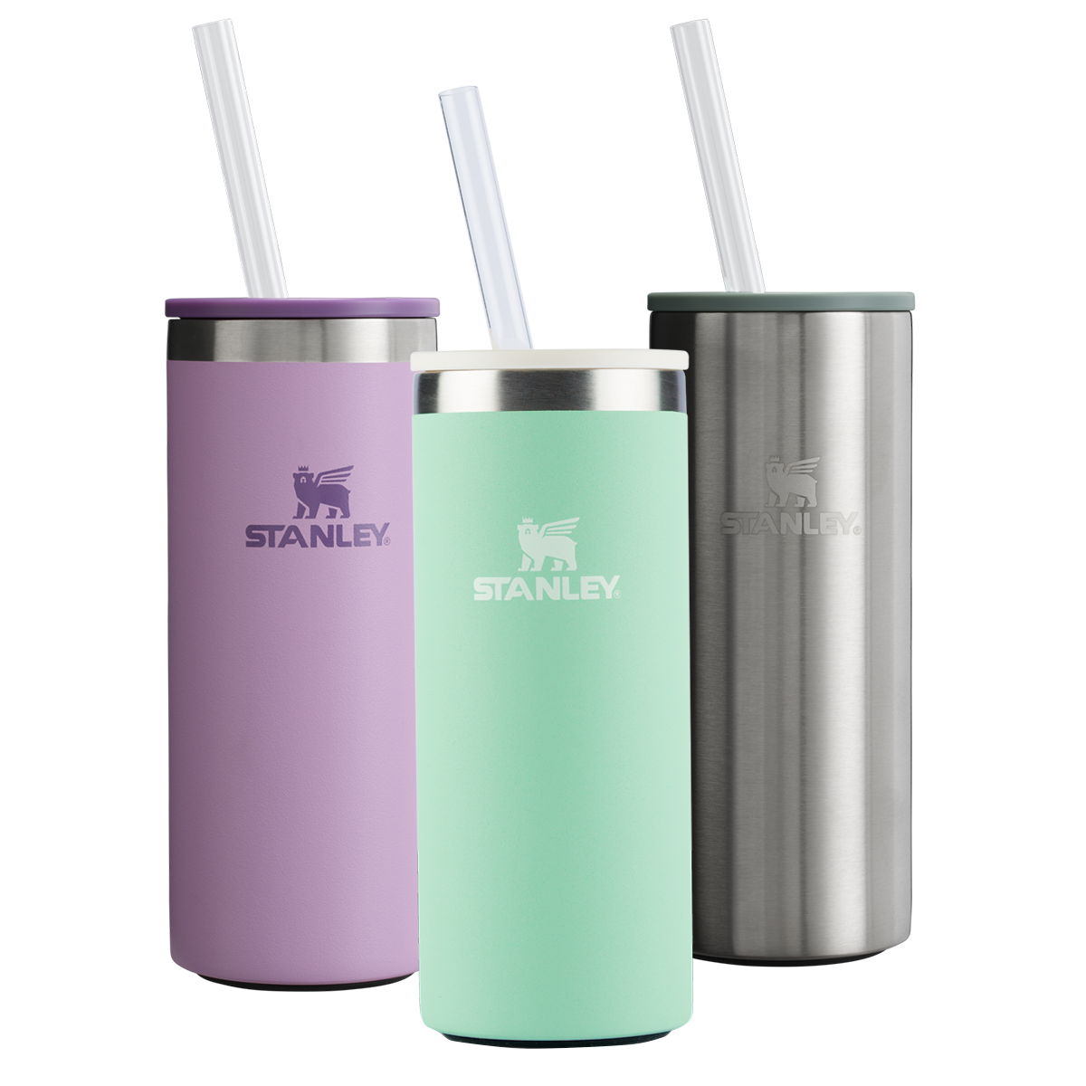 Kit 3 Can Cooler Slim com canudo Lilac, Pistachio e Stainless Steel Shale | 296ML