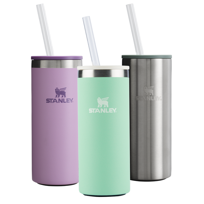 Kit 3 Can Cooler Slim com canudo Lilac, Pistachio e Stainless Steel Shale | 296ML