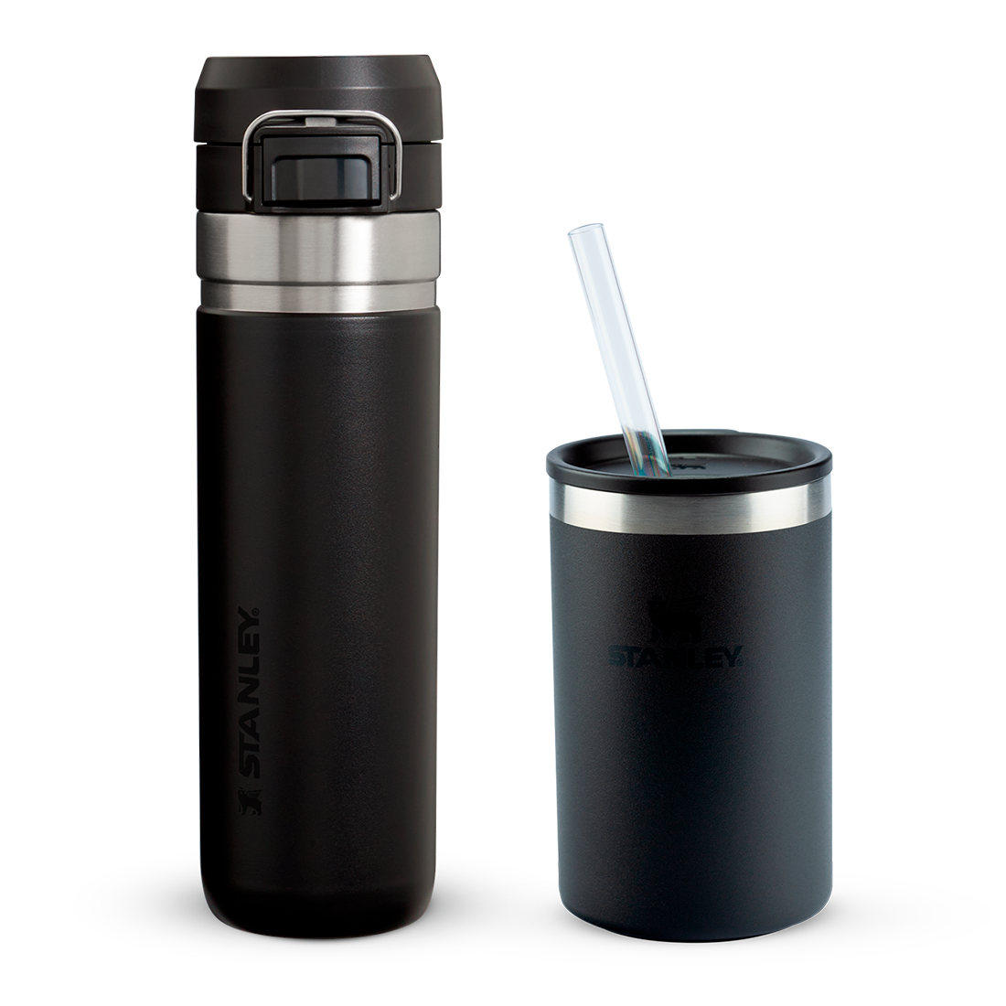 Garrafa Térmica Quick Flip 2.0 Black | 710ml e Can Cooler com canudo Black 2.0 | 296ML