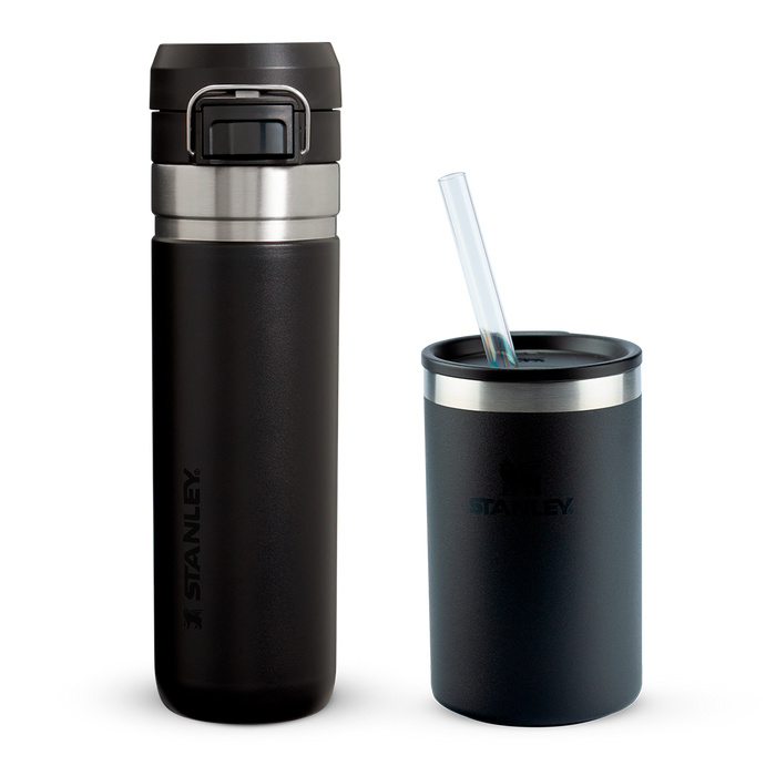 Garrafa Térmica Quick Flip 2.0 Black | 710ml e Can Cooler com canudo Black 2.0 | 296ML