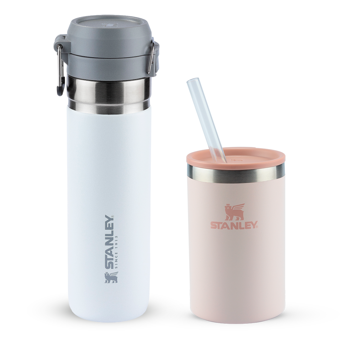 Kit Garrafa Térmica Quick Flip Stanley Polar | 710ml e Can Cooler com canudo Rose Quartz | 296ML