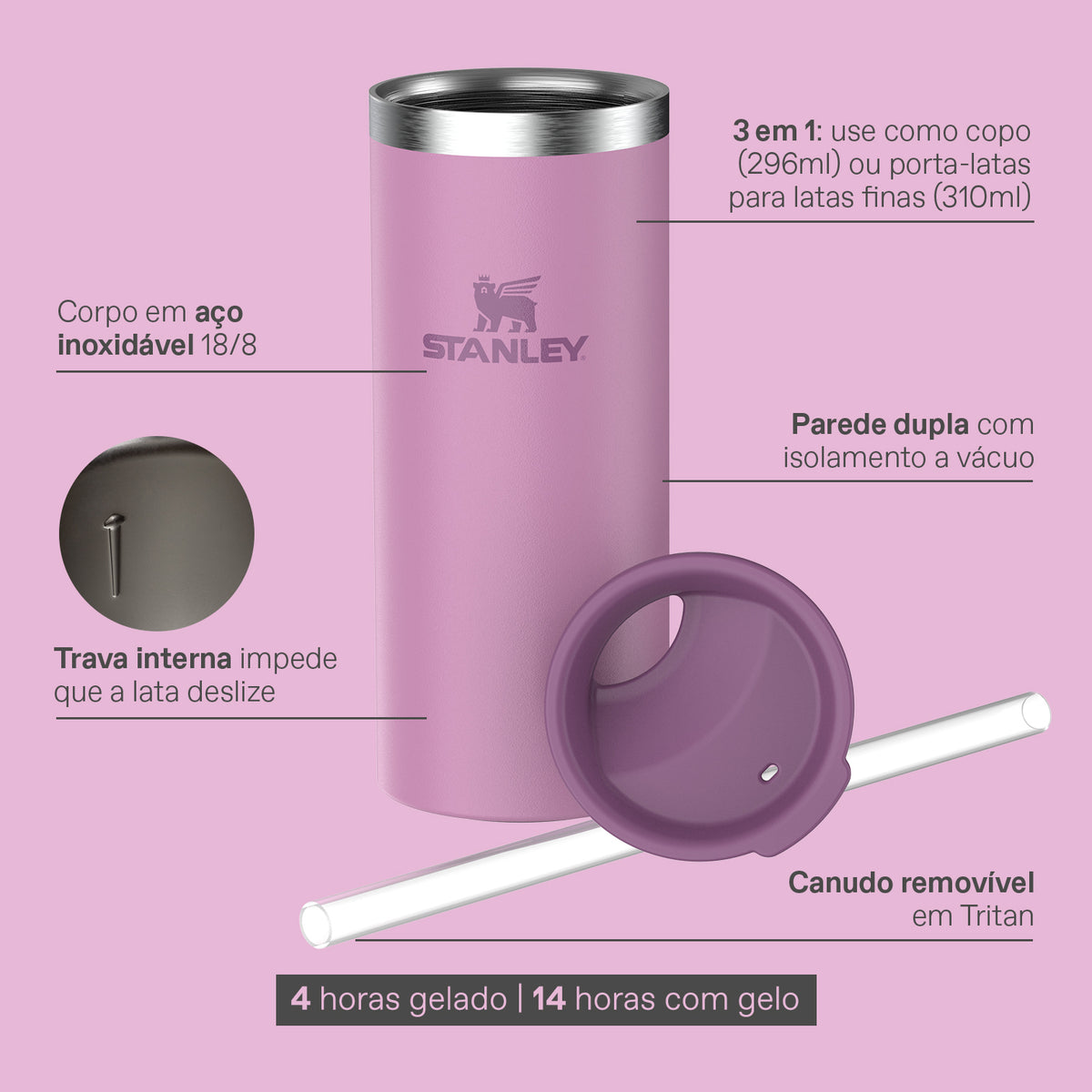 Stanley 1913 Copo Térmico Slim 3 em 1 com tampa e canudo Lilac Stanley 1913 296ML  | View 4