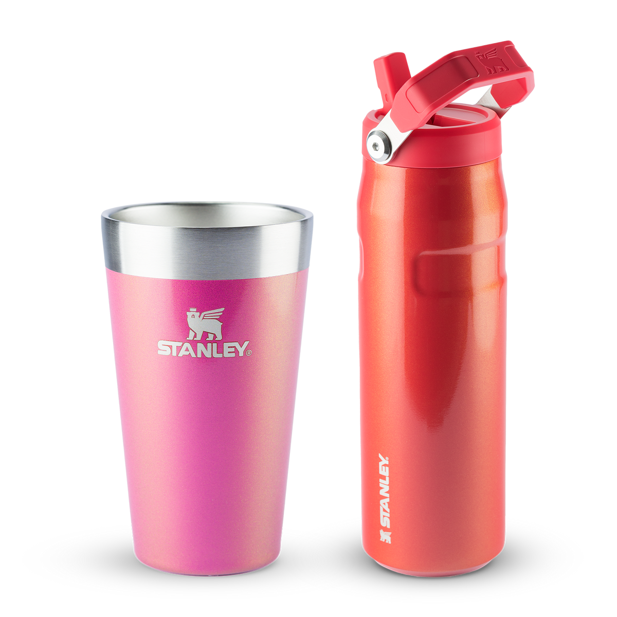 Copo Térmico de Cerveja Stanley Dazzle Pink Shimmer | 473ml e Garrafa Térmica Aerolight Flip Straw Stanley Candy Apple Shimmer | 710ML