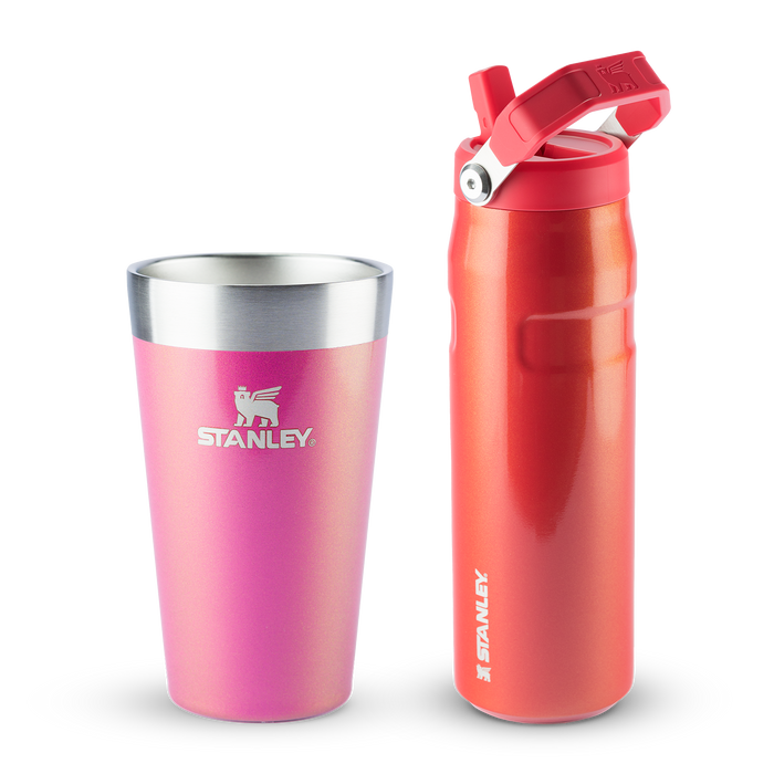 Copo Térmico de Cerveja Stanley Dazzle Pink Shimmer | 473ml e Garrafa Térmica Aerolight Flip Straw Stanley Candy Apple Shimmer | 710ML