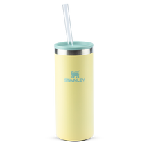 Copo térmico amarelo claro com tampa menta e canudo.